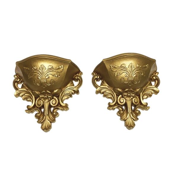 Vintage Pair Homco Gold Plastic Wall Pocket Planter Vase Hollywood Regency 1978 - Picture 1 of 10